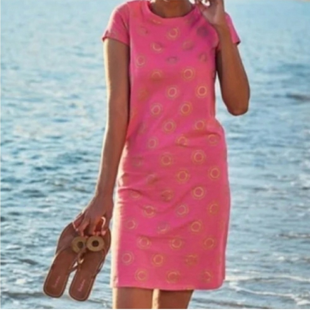 EUC Boden Coralie Pink & Gold Sun Print Shirt Dress US12R